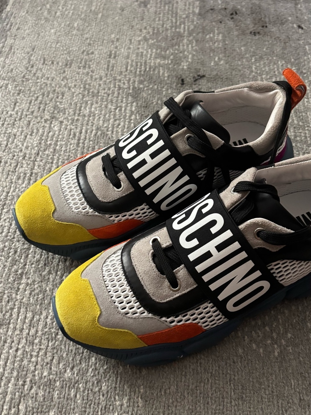 Moschino Yellow Orange Black White Suede Mesh Sneakers with Logo Strap